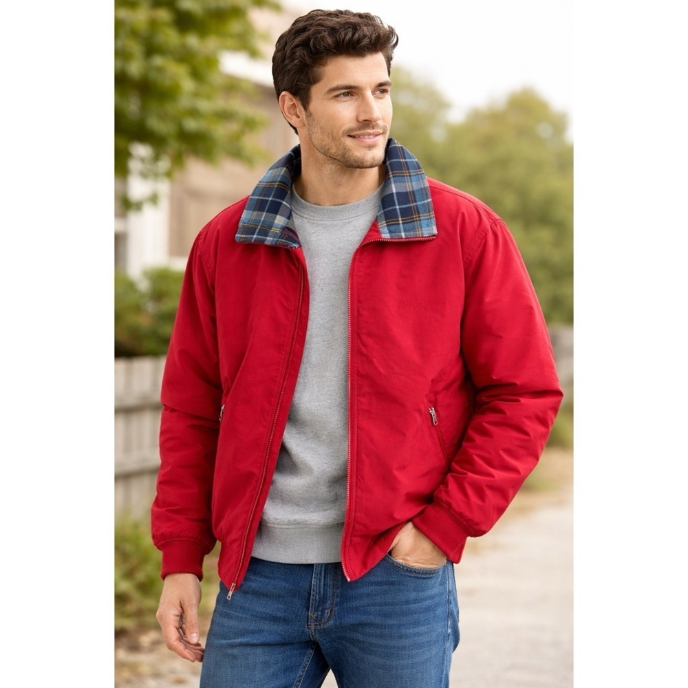 L.L.Bean Men’s Plaid Lined Zip Jacket Red Size Small